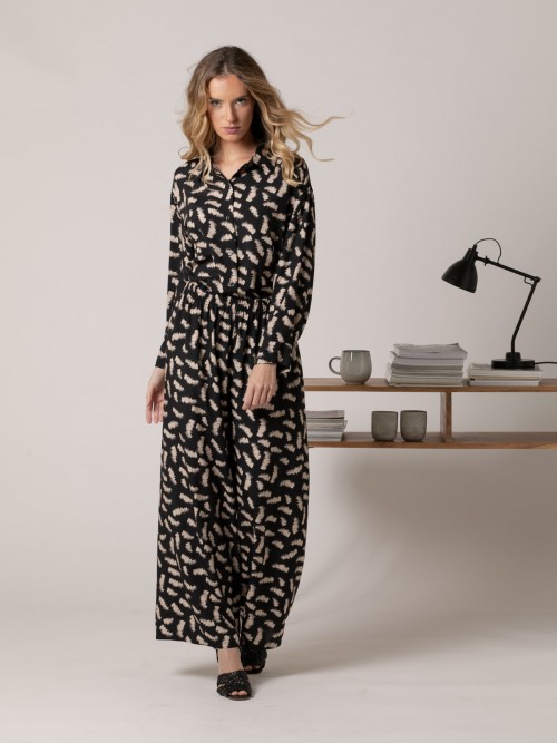 Pantalón fluido estampado viscosa 100% Negro