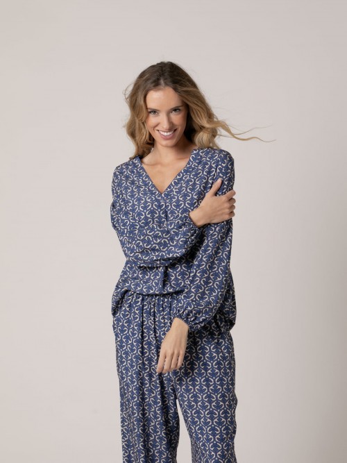 Woman 100% printed flowing shirt  Blue