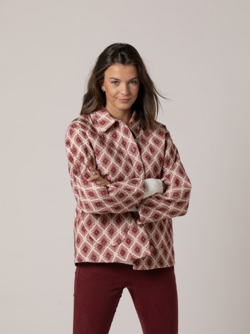 Woman Printed padded jacket with shirt collar Pink