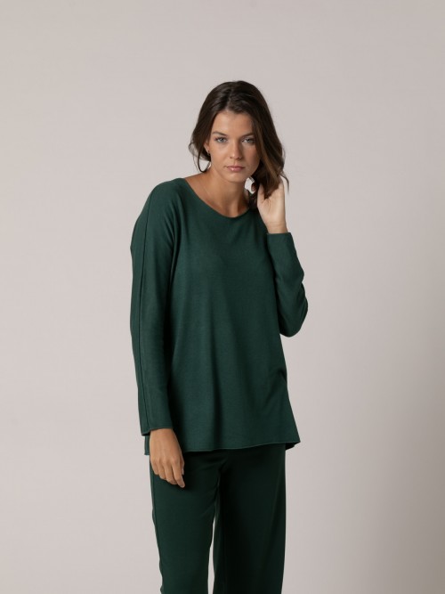 Woman Fine oversize sweater with bateau neckline Green botella