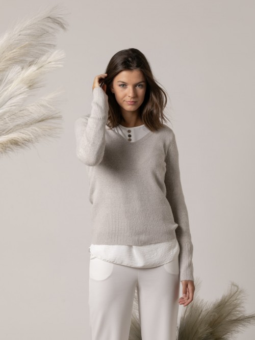Woman Slim fit soft V-neck sweater TAUPE CLARO