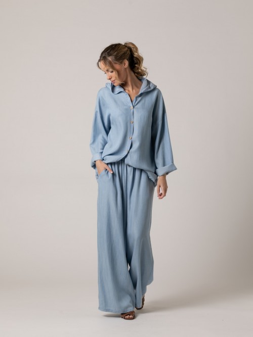 Woman Short jacket with hood in tencell Blue Claro