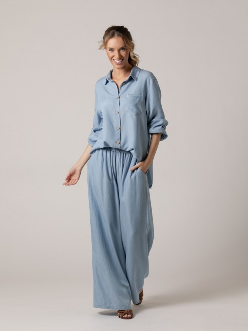 Woman Long fluid pants with pockets in tencell  Blue Claro