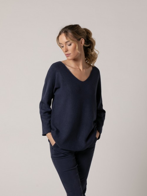 Woman Soft V-neck sweater azul oscuro