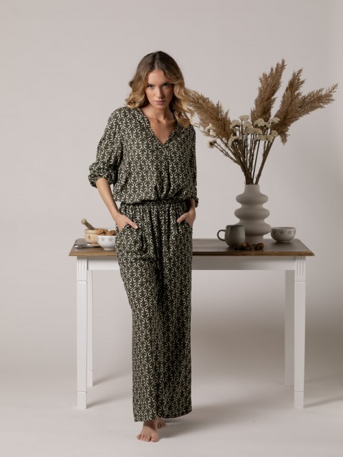 Woman 100% viscose printed flowing trousers Khaki