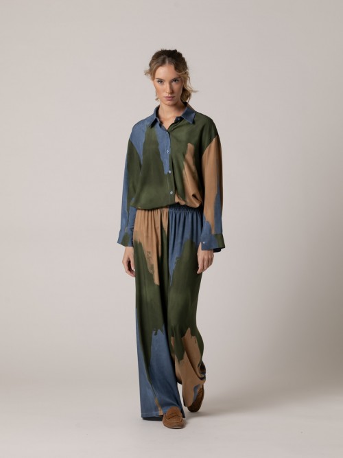 Woman Faded print flowing trousers Khaki