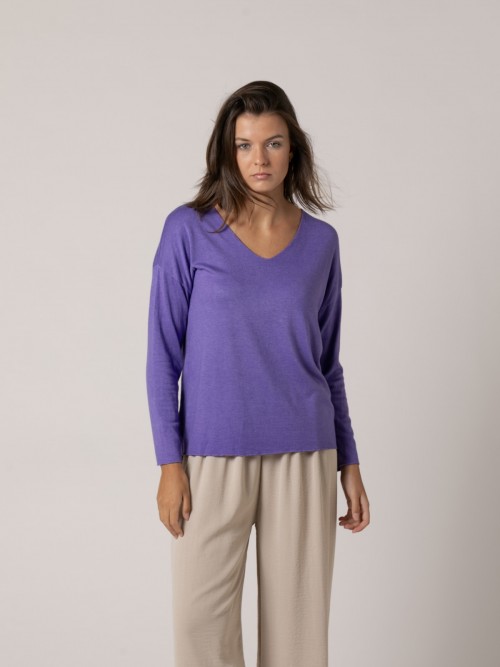 Woman Fine soft touch V-neck sweater Violet