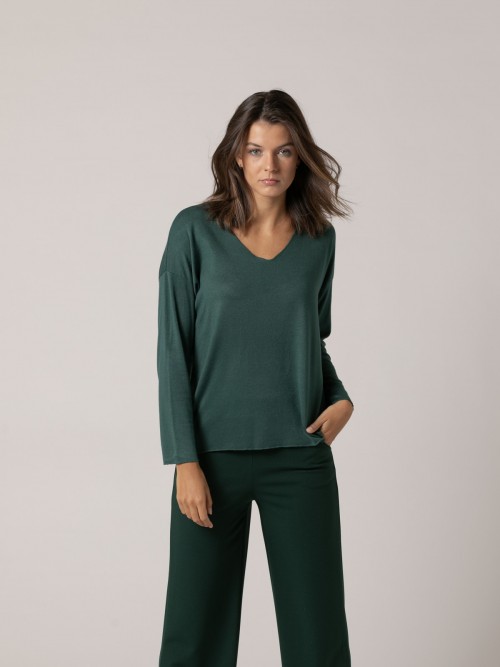 Jersey fino cuello pico soft touch Verde botella