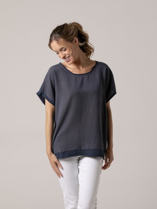 Camiseta lisa escote redondeado manga corta tencell Azul Marino