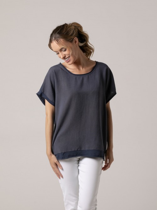 Woman Plain t-shirt with rounded neckline and tencell short sleeves Blue Navy