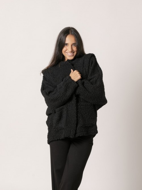 Woman Trendy back shearling jacket Black