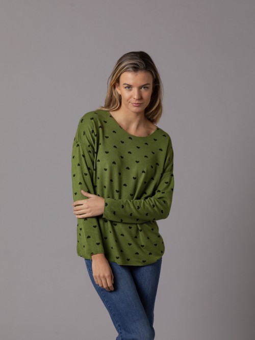 Woman Fine hearts sweater Olive