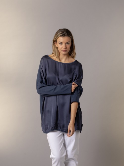 Camiseta oversize raso y manga larga Azul Marino