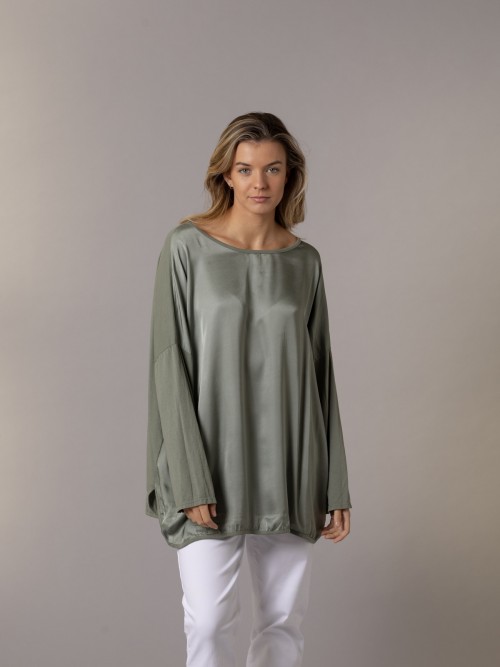 Woman Oversized satin long-sleeved T-shirt Khaki