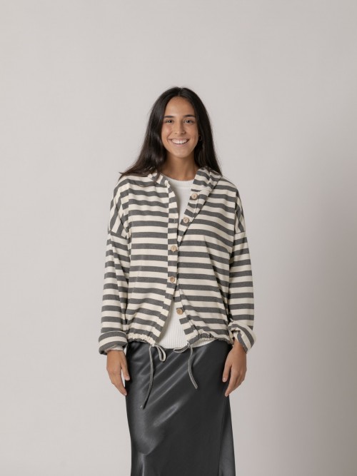 Woman Striped cotton plush jacket with hood Grey