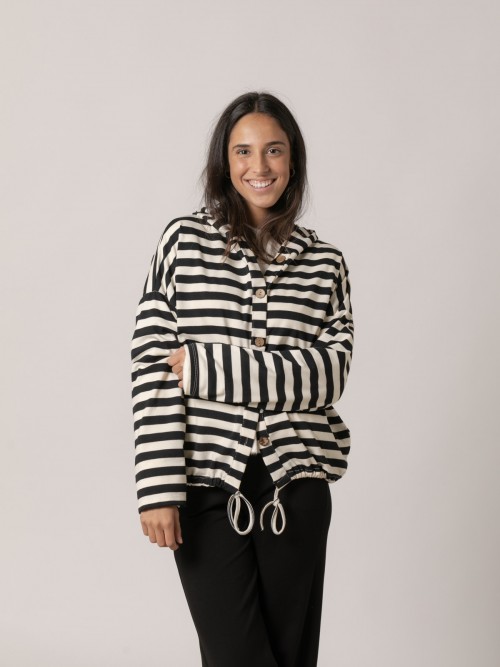 Woman Striped cotton plush jacket with hood Black