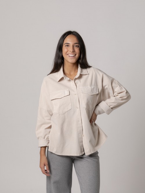 Woman Microcorduroy shirt with elastane Beige