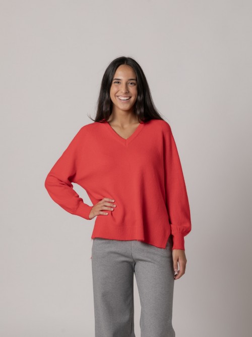 Jersey soft oversize detalle escote en pico rojo trendy