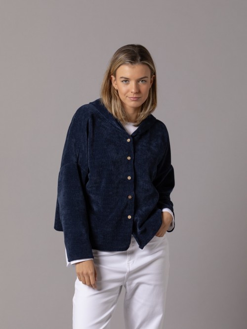 Woman Soft short hooded jacket azul oscuro