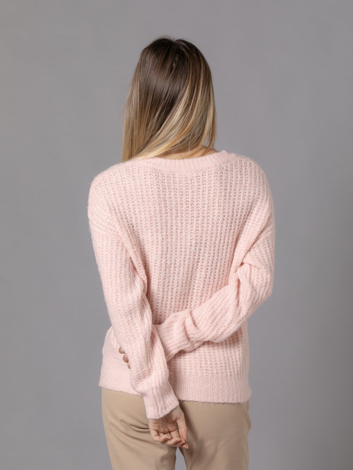 Woman Herringbone detail sweater with round neckline  Pinkcolour