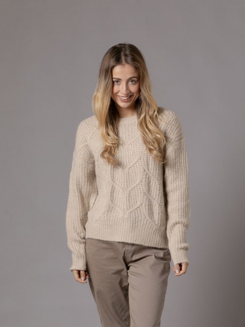 Woman Herringbone detail sweater with round neckline  Camelcolour