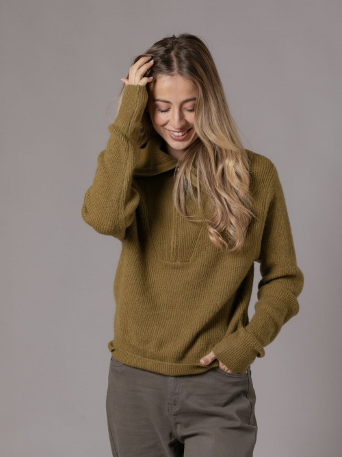Woman Trendy zipper neck ribbed sweater  Greencolour