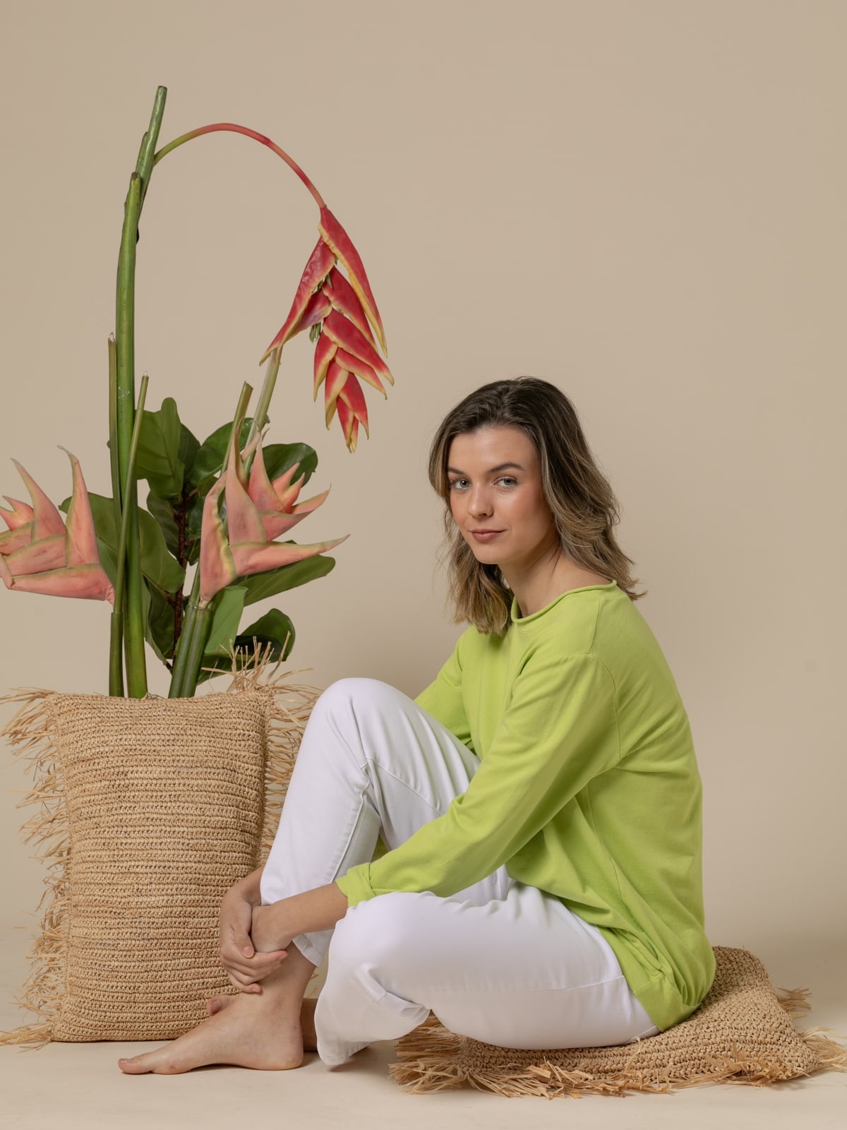 Woman 100% casual cotton plain sweater  Green clarocolour