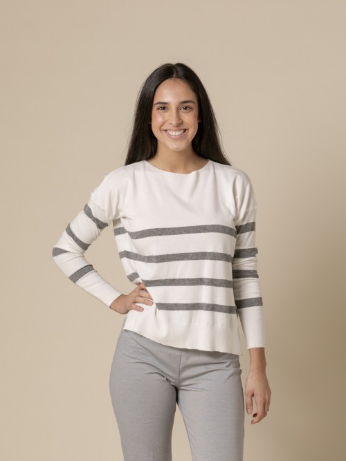 Woman Fine striped boat neck sweater  Greycolour