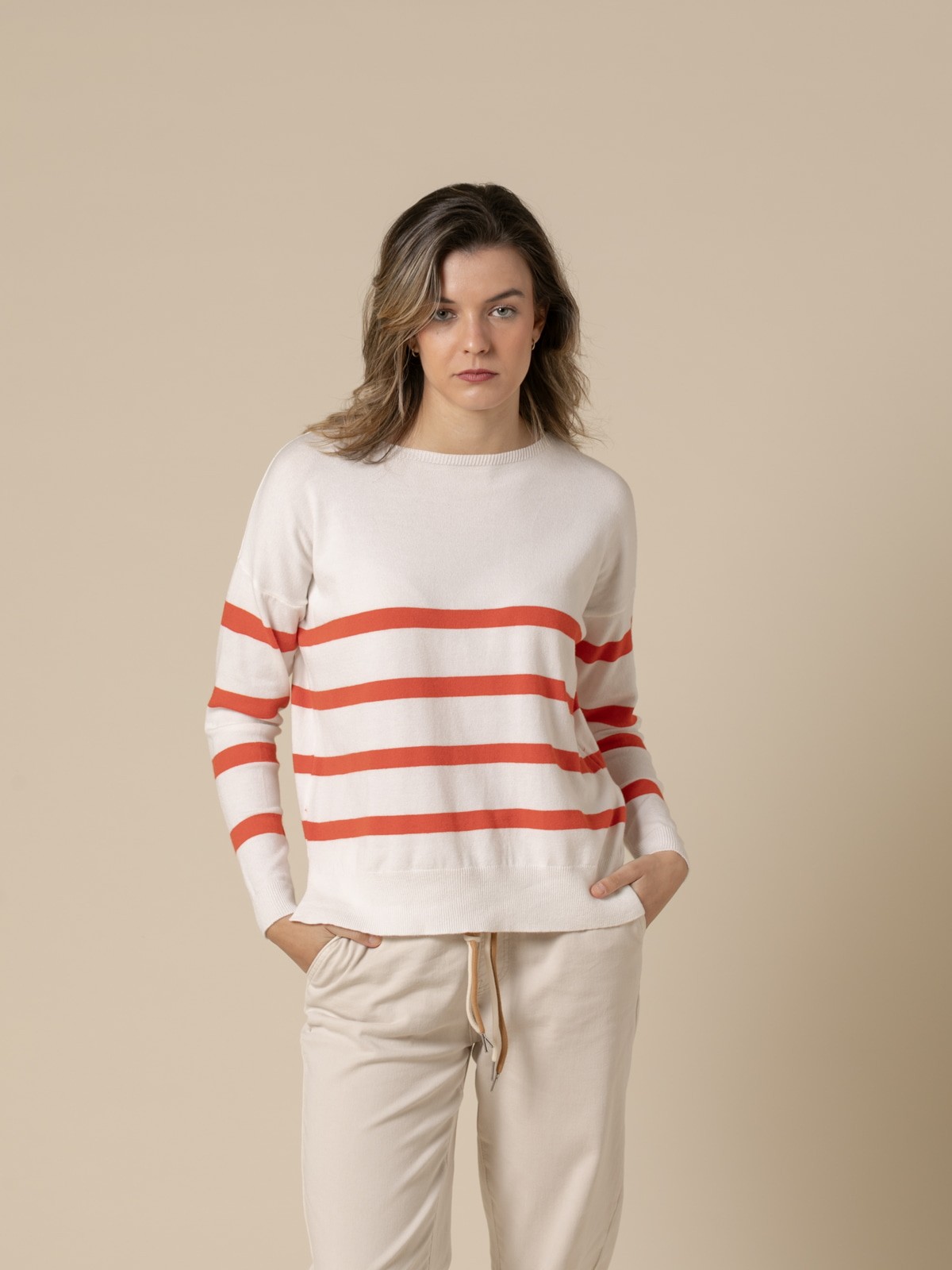 Woman Fine striped boat neck sweater  Orangecolour