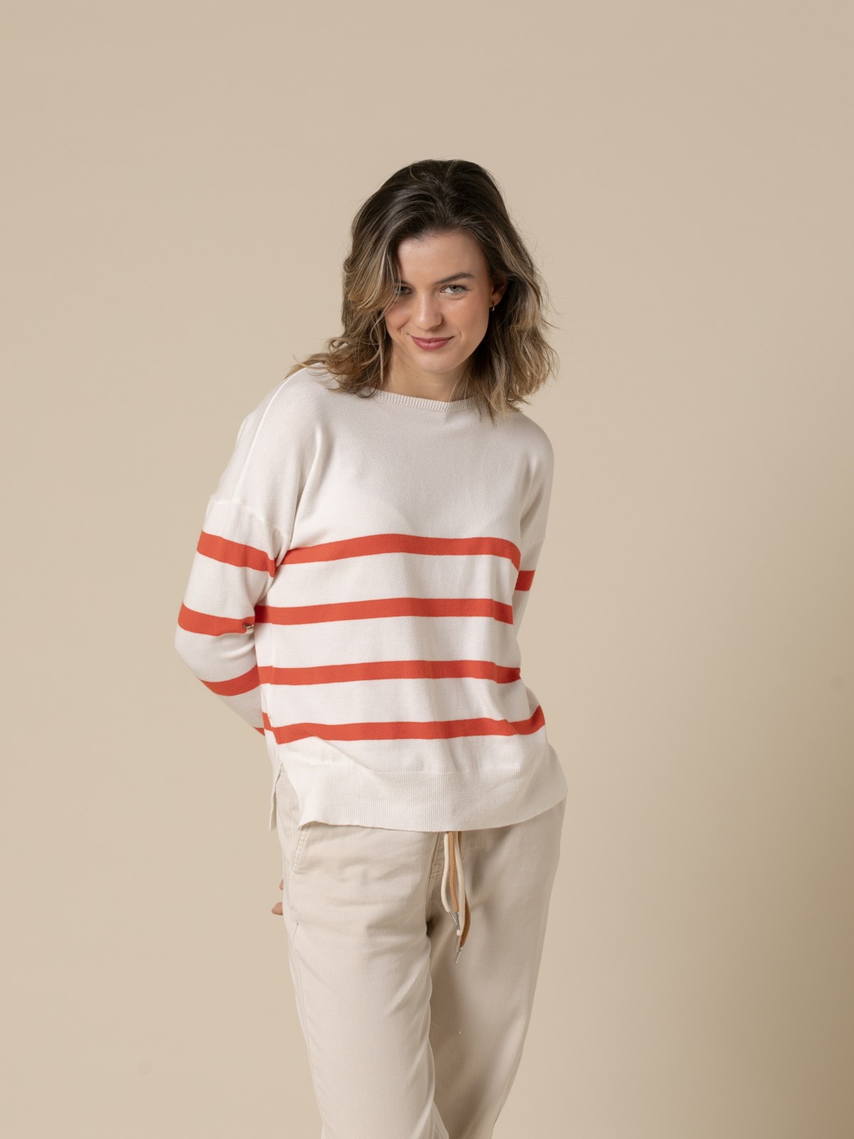 Woman Fine striped boat neck sweater  Orangecolour