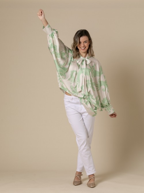 Woman Bow printed satin blouse  Greencolour
