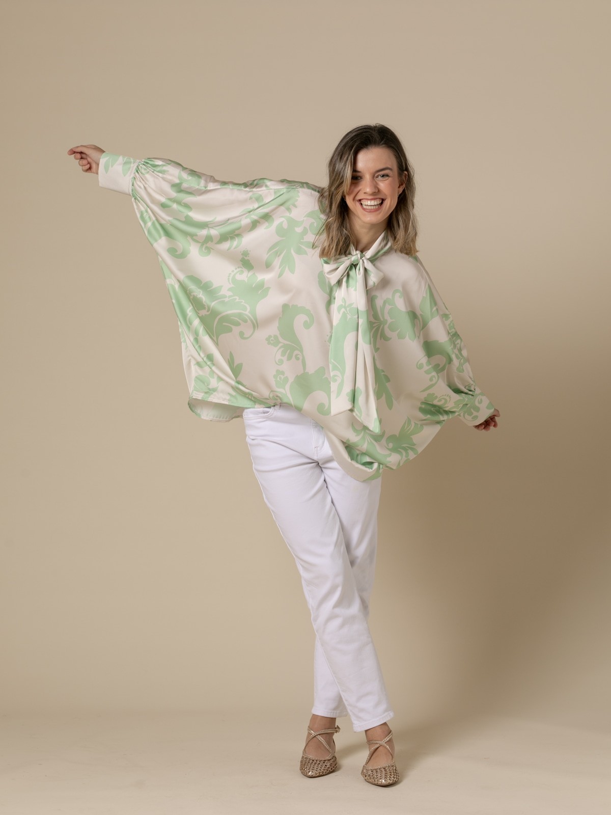 Woman Bow printed satin blouse  Greencolour