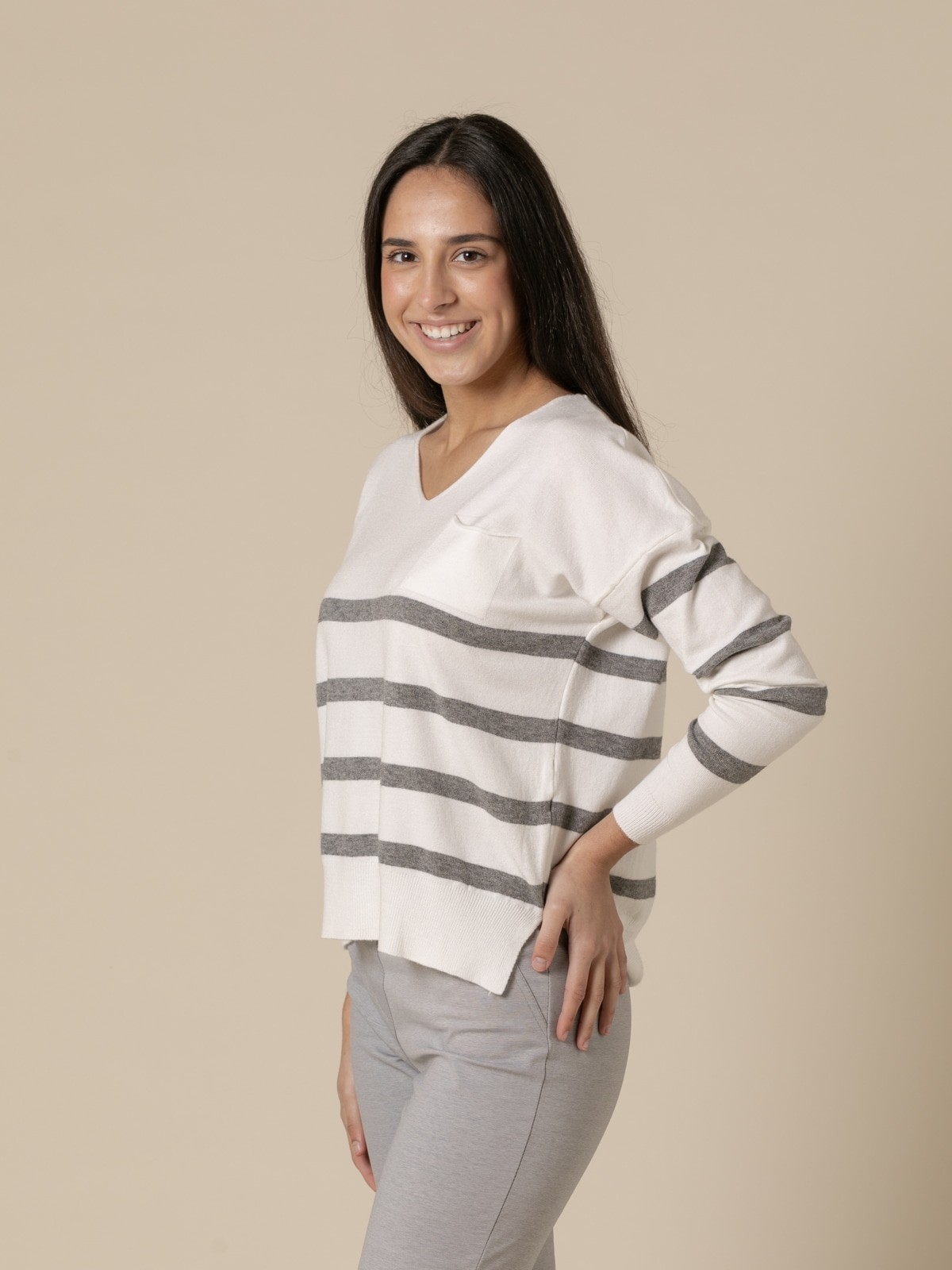 Woman Fine striped sweater with V-neckline  Greycolour
