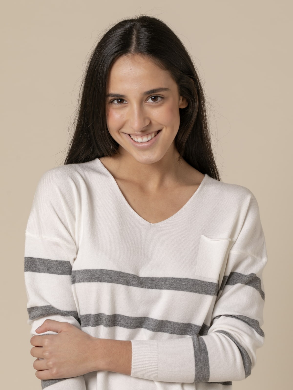 Woman Fine striped sweater with V-neckline  Greycolour