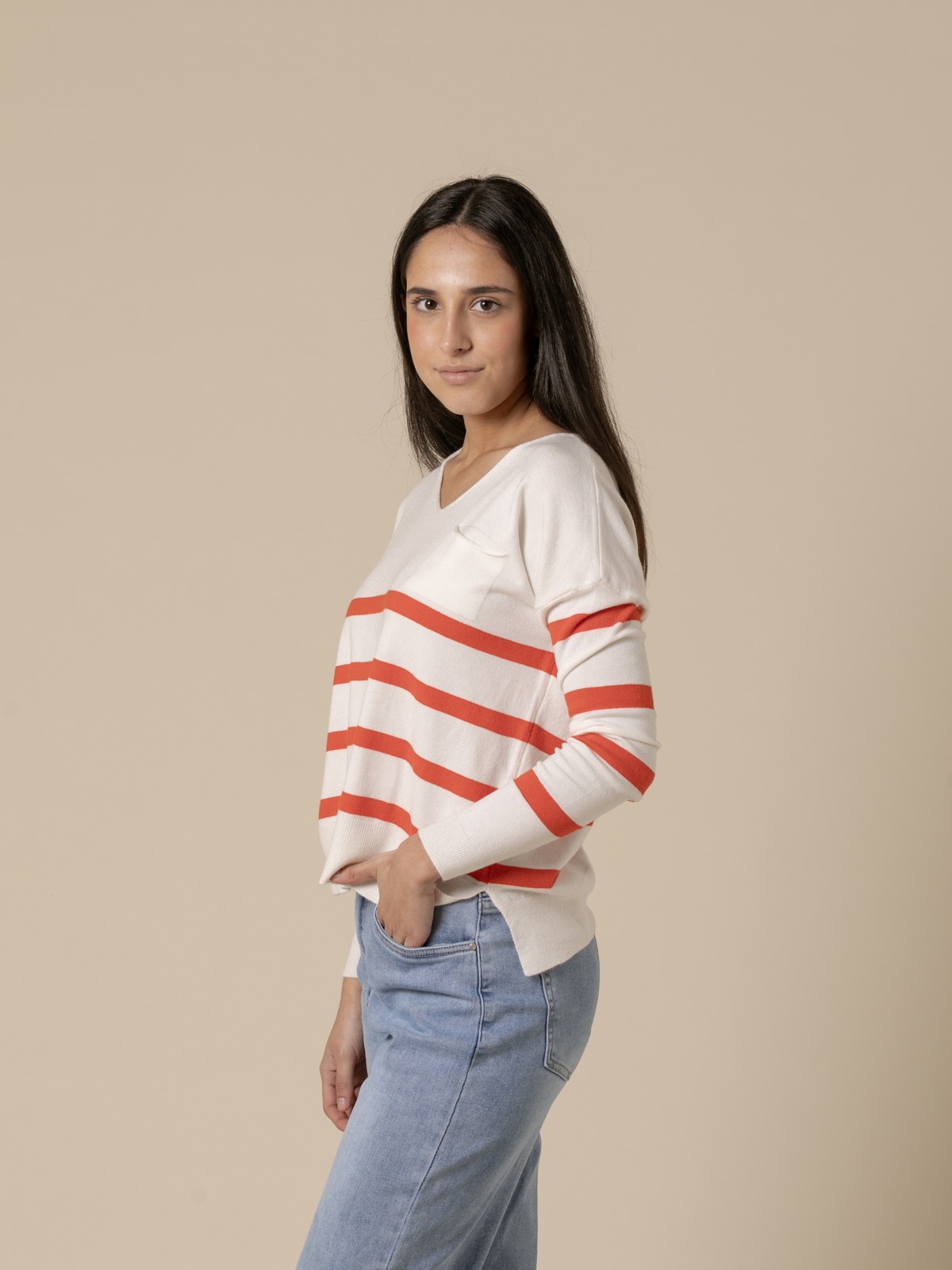Woman Fine striped sweater with V-neckline  Orangecolour