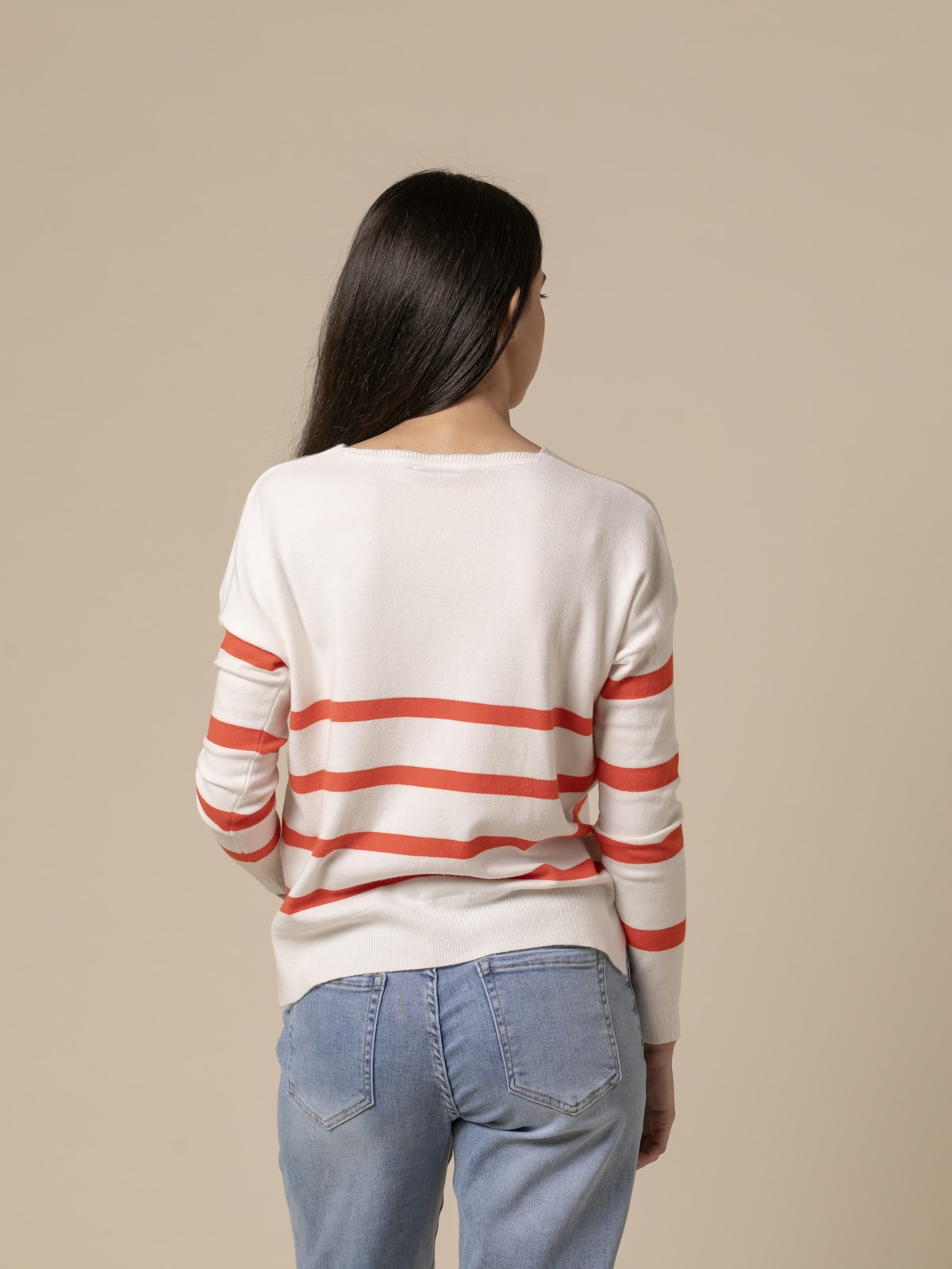 Woman Fine striped sweater with V-neckline  Orangecolour