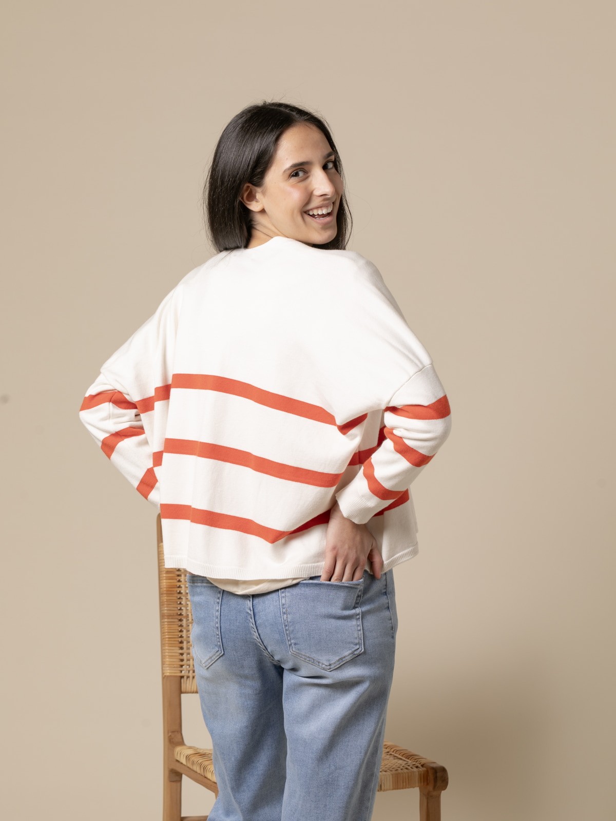 Woman Short fine fabric striped jacket  Orangecolour