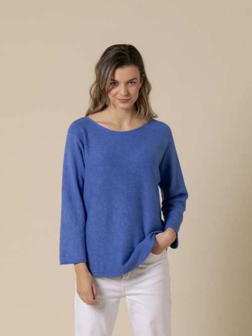 Woman Basic cashmere boat neck sweater like touch  Bluecolour