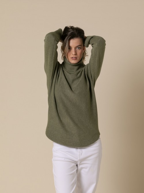 Woman Basic high neck cashmere touch sweater  Green oscurocolour