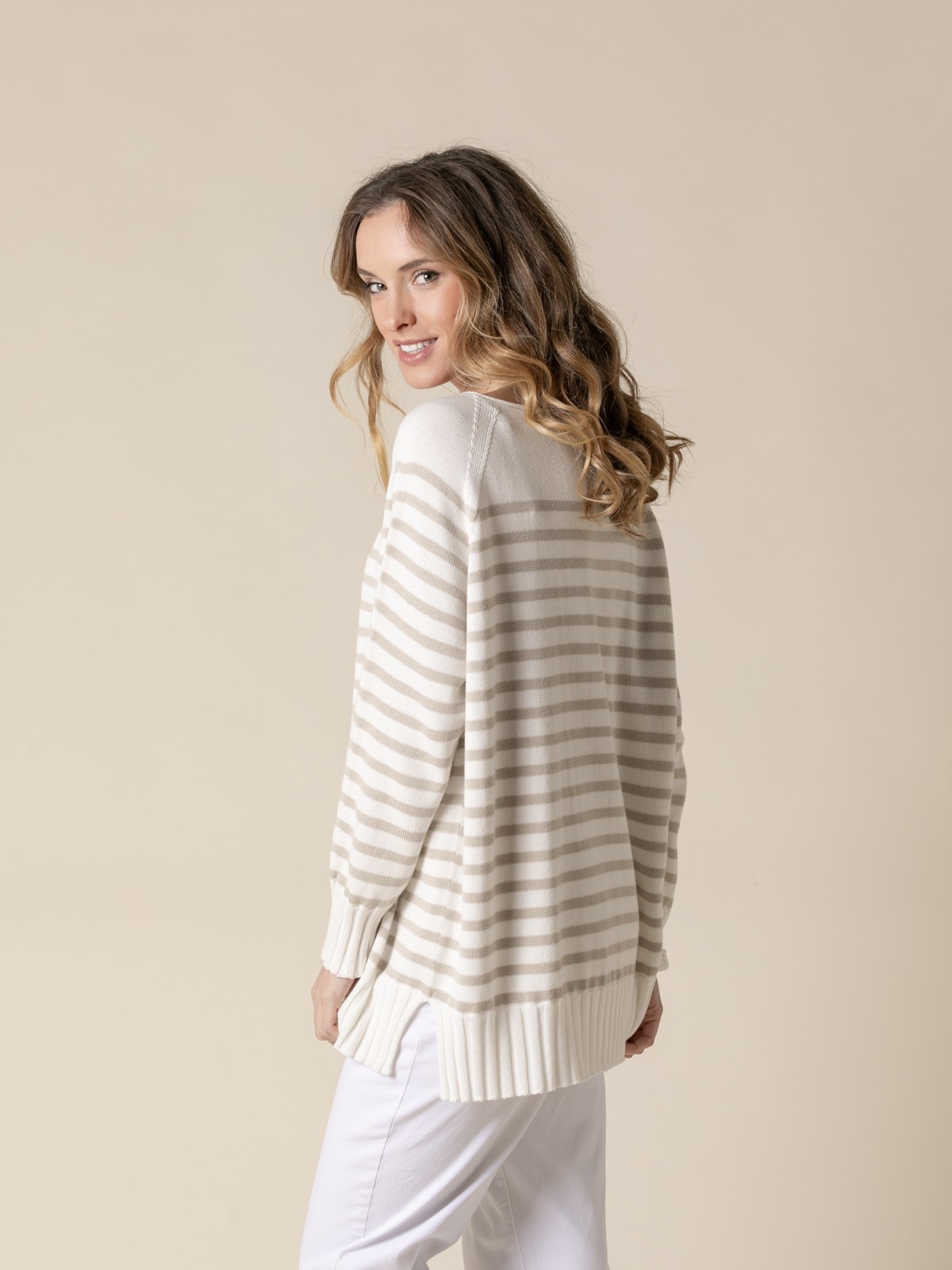 Woman Julia long striped sweater  Beigecolour