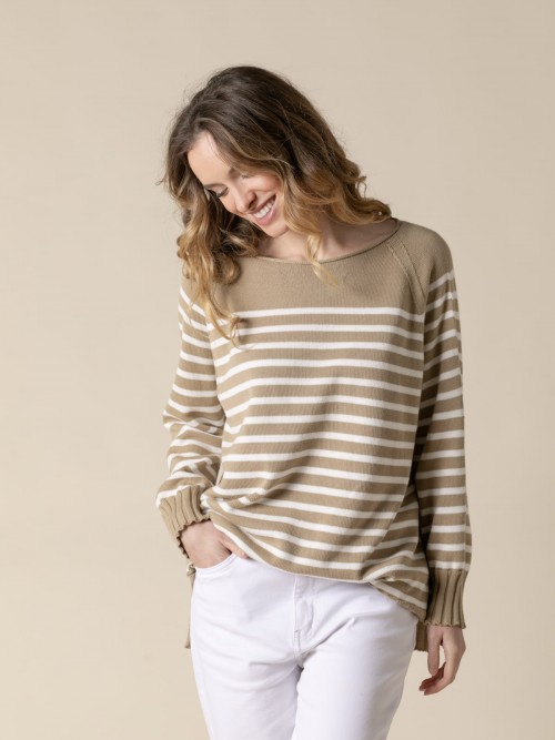 Woman Julia long striped sweater  Camelcolour