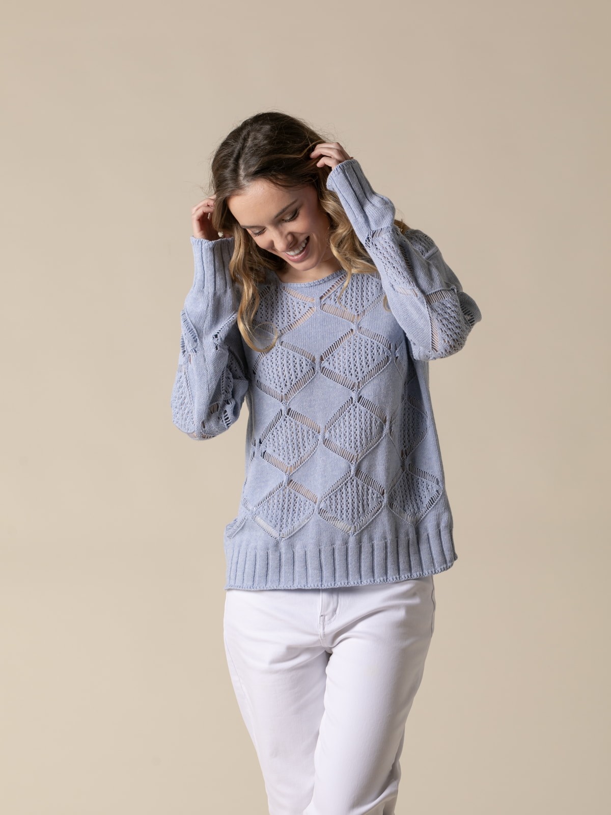 Woman Teresa sweater with square neckline and matching pattern  Blue Clarocolour