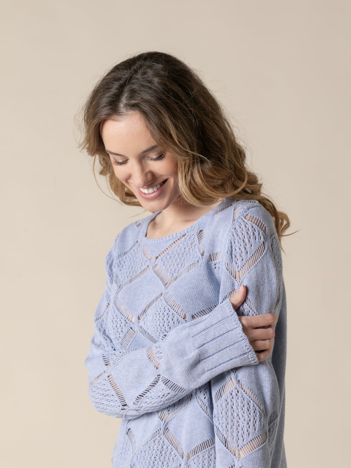 Woman Teresa sweater with square neckline and matching pattern  Blue Clarocolour