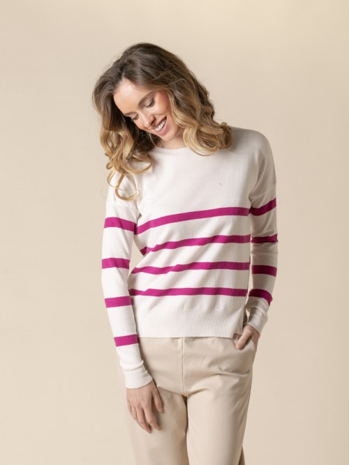 Woman Fine striped boat neck sweater  Fuchsiacolour