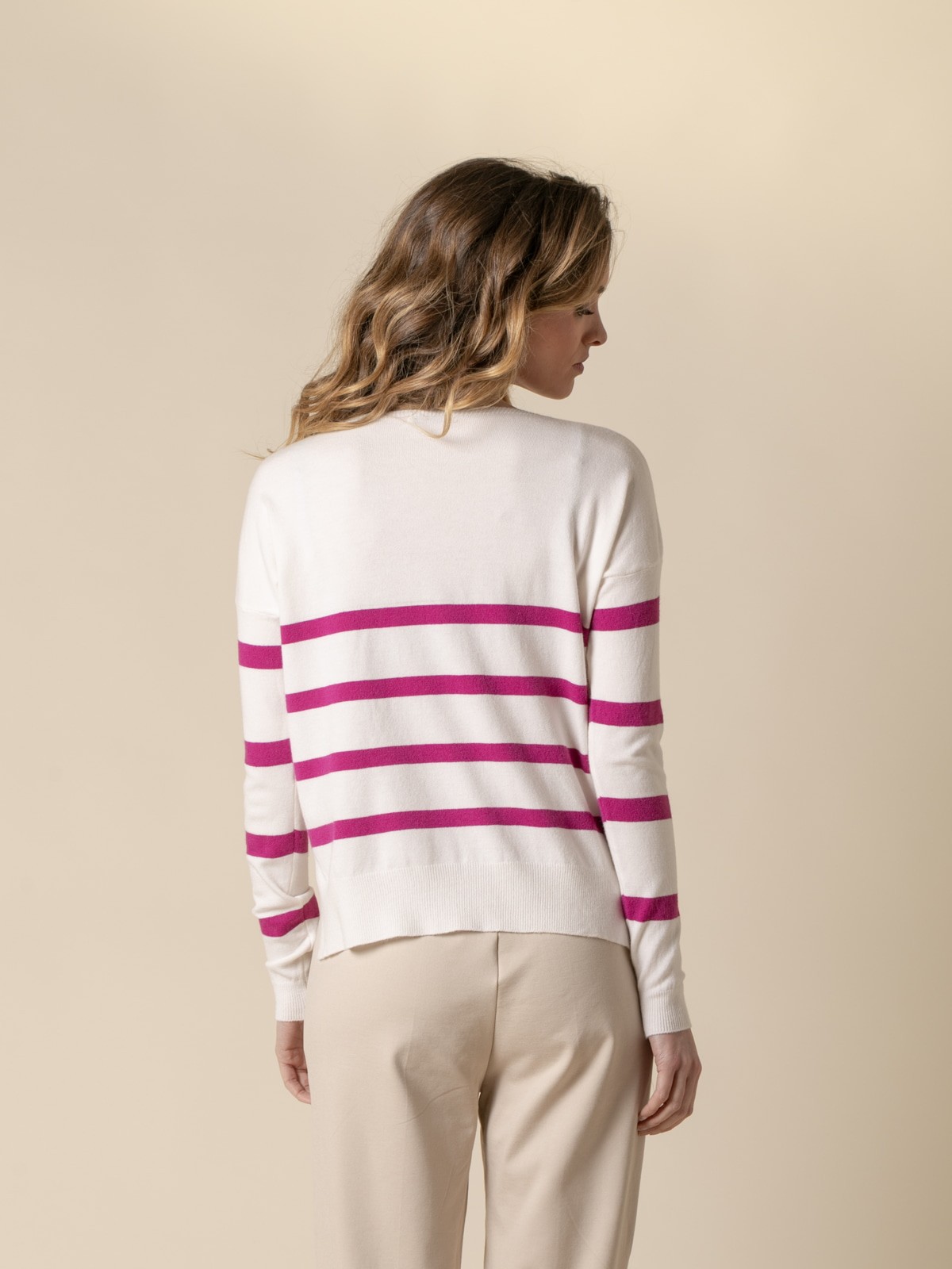 Woman Fine striped boat neck sweater  Fuchsiacolour