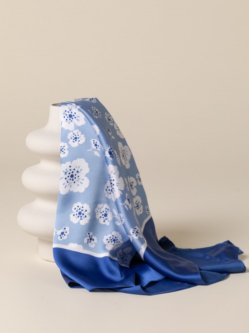 Woman Floral printed square satin scarf  Bluecolour