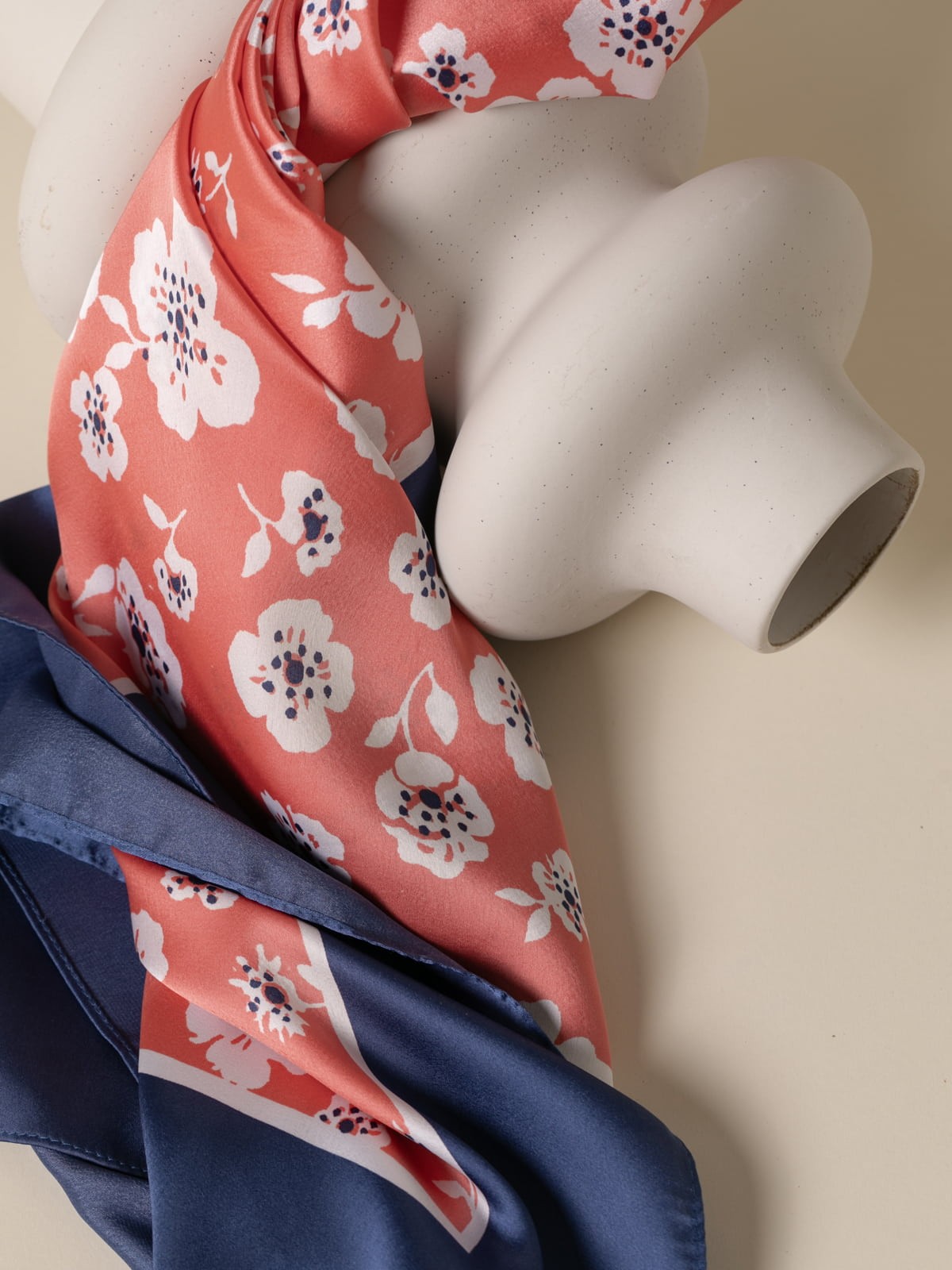 Woman Floral printed square satin scarf  Coralcolour