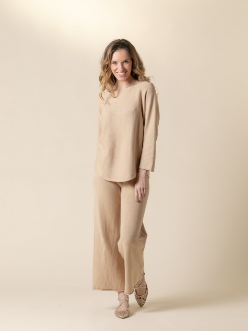 Woman Basic cashmere boat neck sweater like touch  Camelcolour