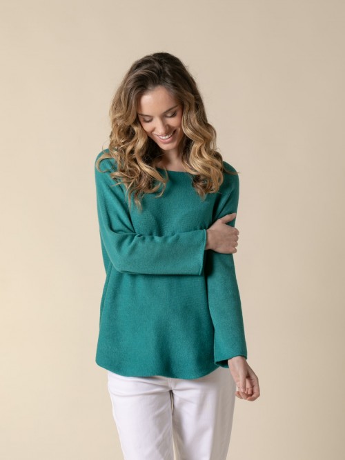 Woman Basic cashmere boat neck sweater like touch  verde esmeraldacolour