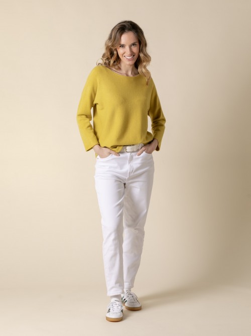 Woman Basic cashmere boat neck sweater like touch  Amarillocolour